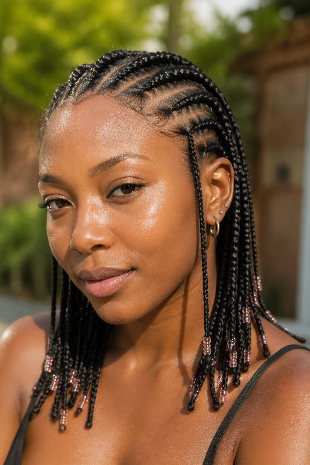 Close-up of a real woman with cornrows ending in tiny beads on alternating braids