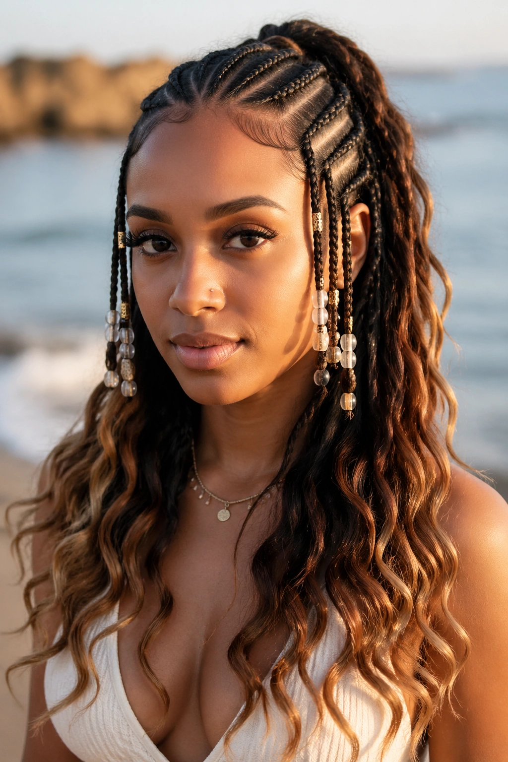 Close-up of cornrows with beads and beach-wave ends on a real person