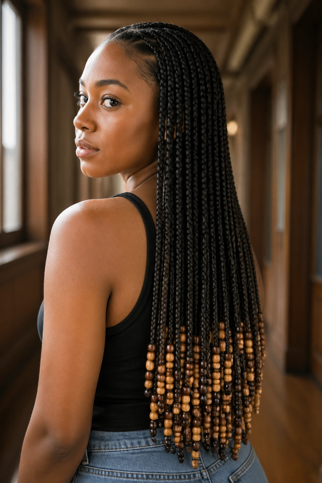 Close-up portrait of a real person with cornrows ending in dense beads on the bottom third