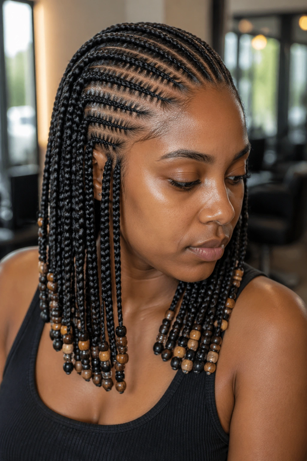 Close-up of a real woman with cornrows and beaded ends on box braids