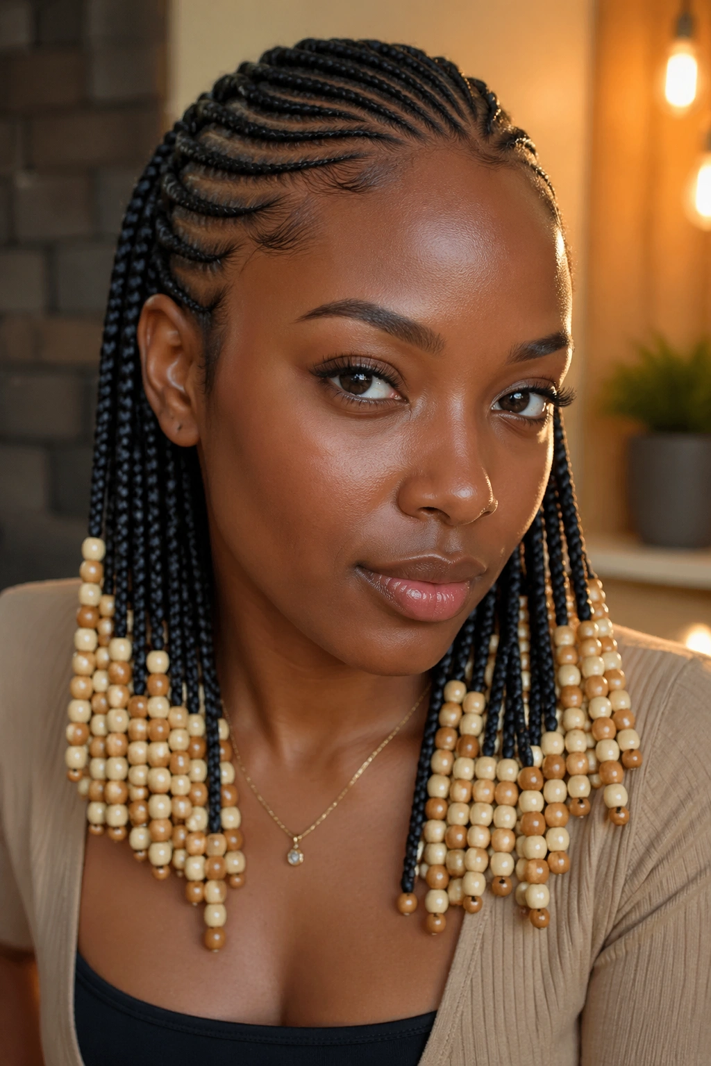 Close-up of cornrows with two alternating bead colors at the ends on a real person