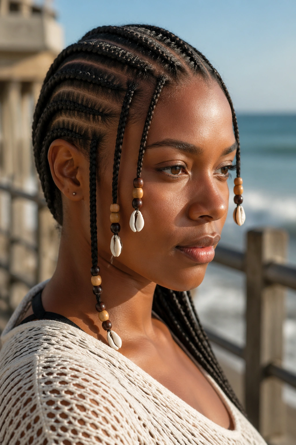Close-up of a real woman with cornrows featuring cowrie shells and beads