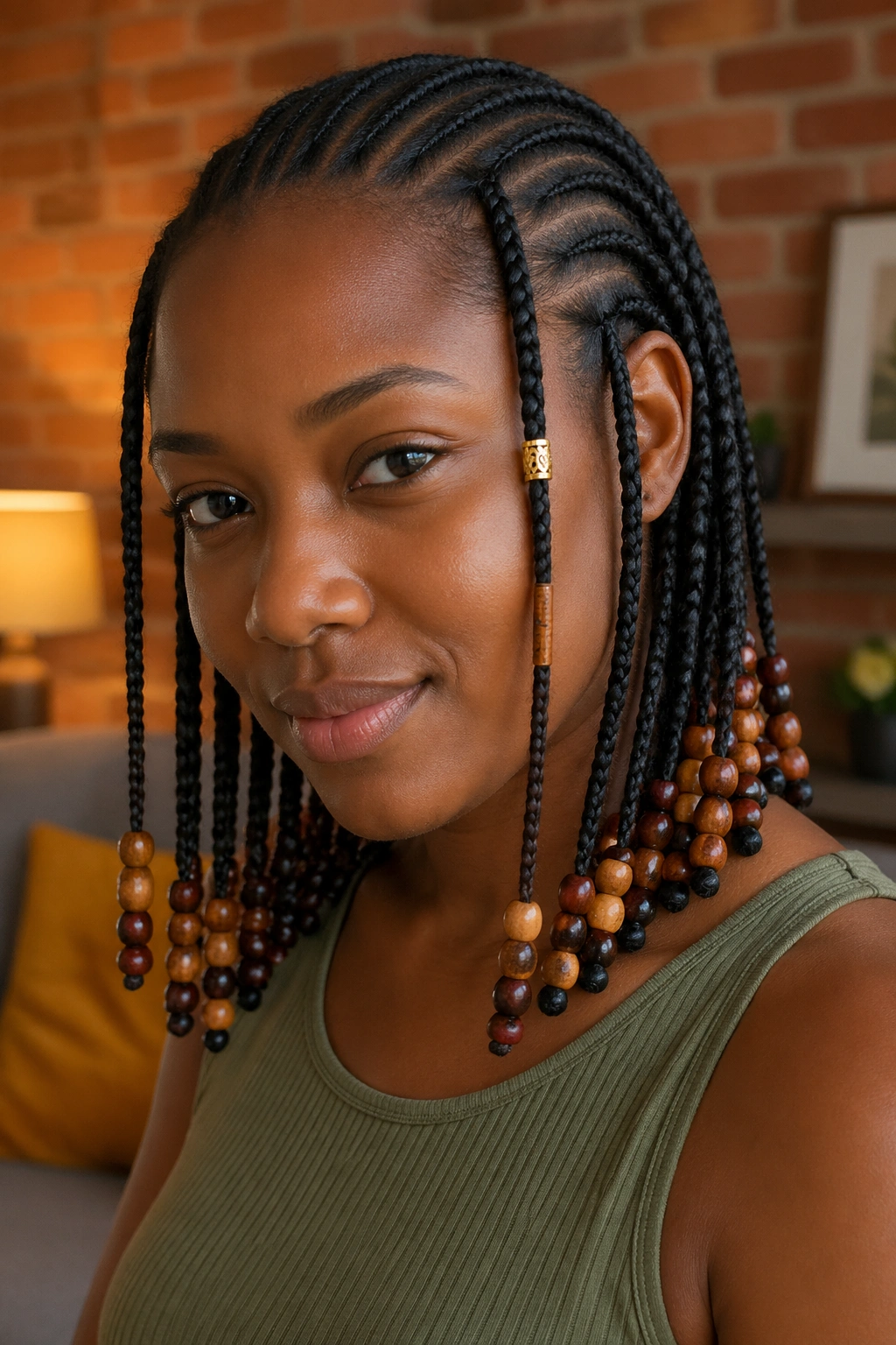 Close-up of cornrows with wooden end beads and gold cuff on front braid