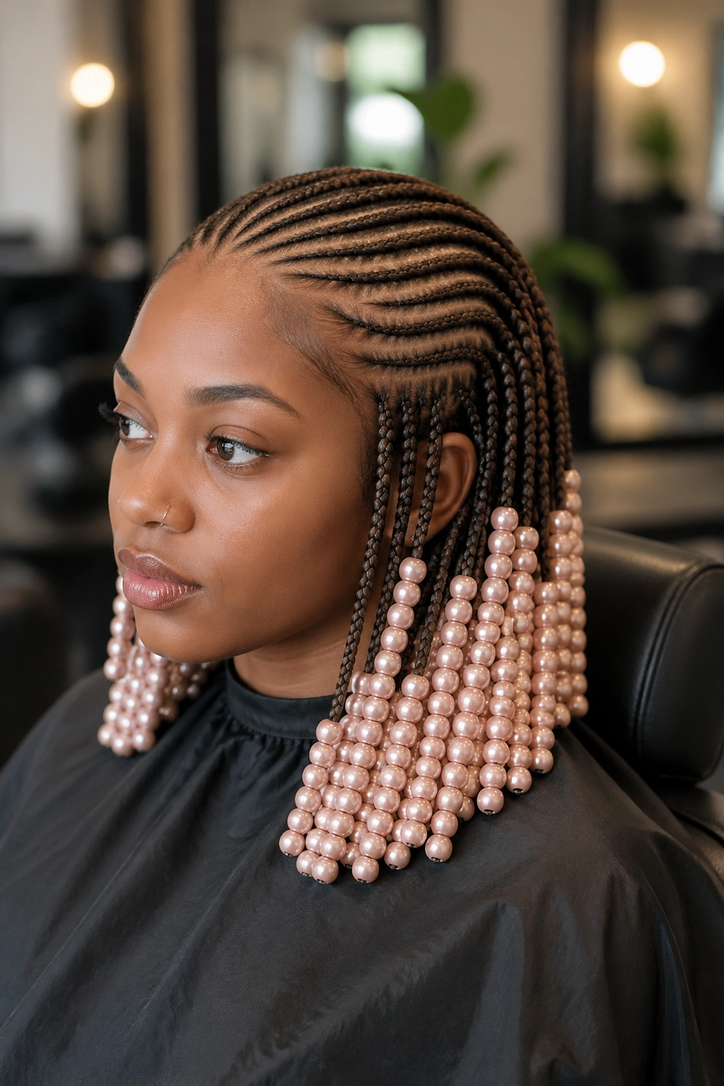 Close-up portrait of a real person with densely bead-decorated braids in a single color