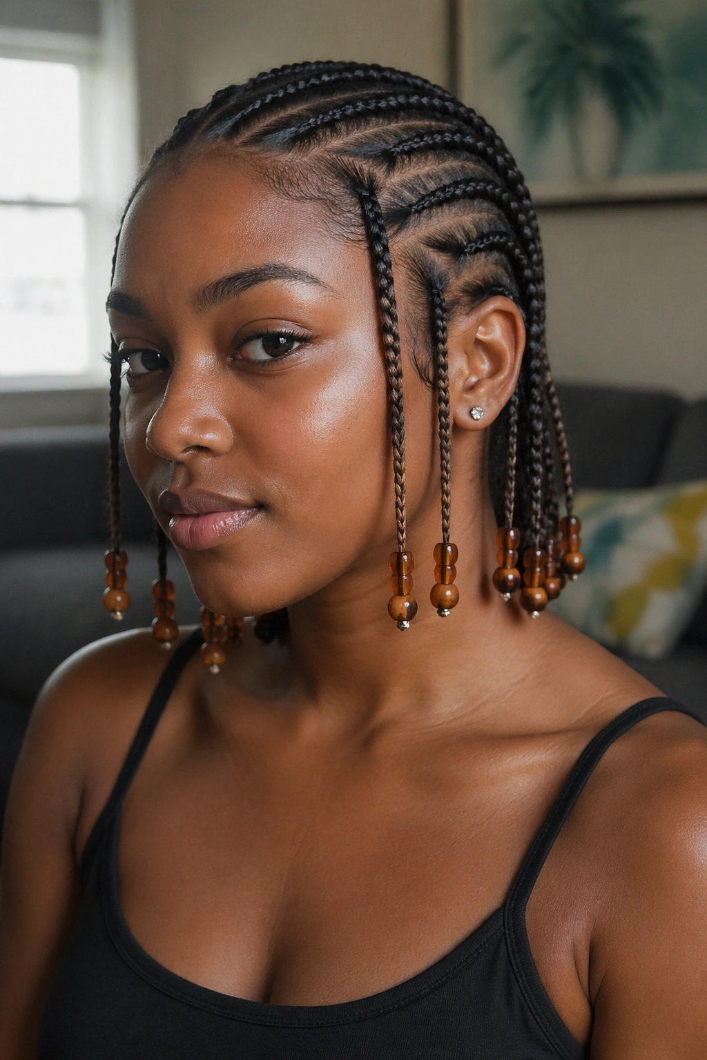 Close-up of a real person with cornrows ending in beads