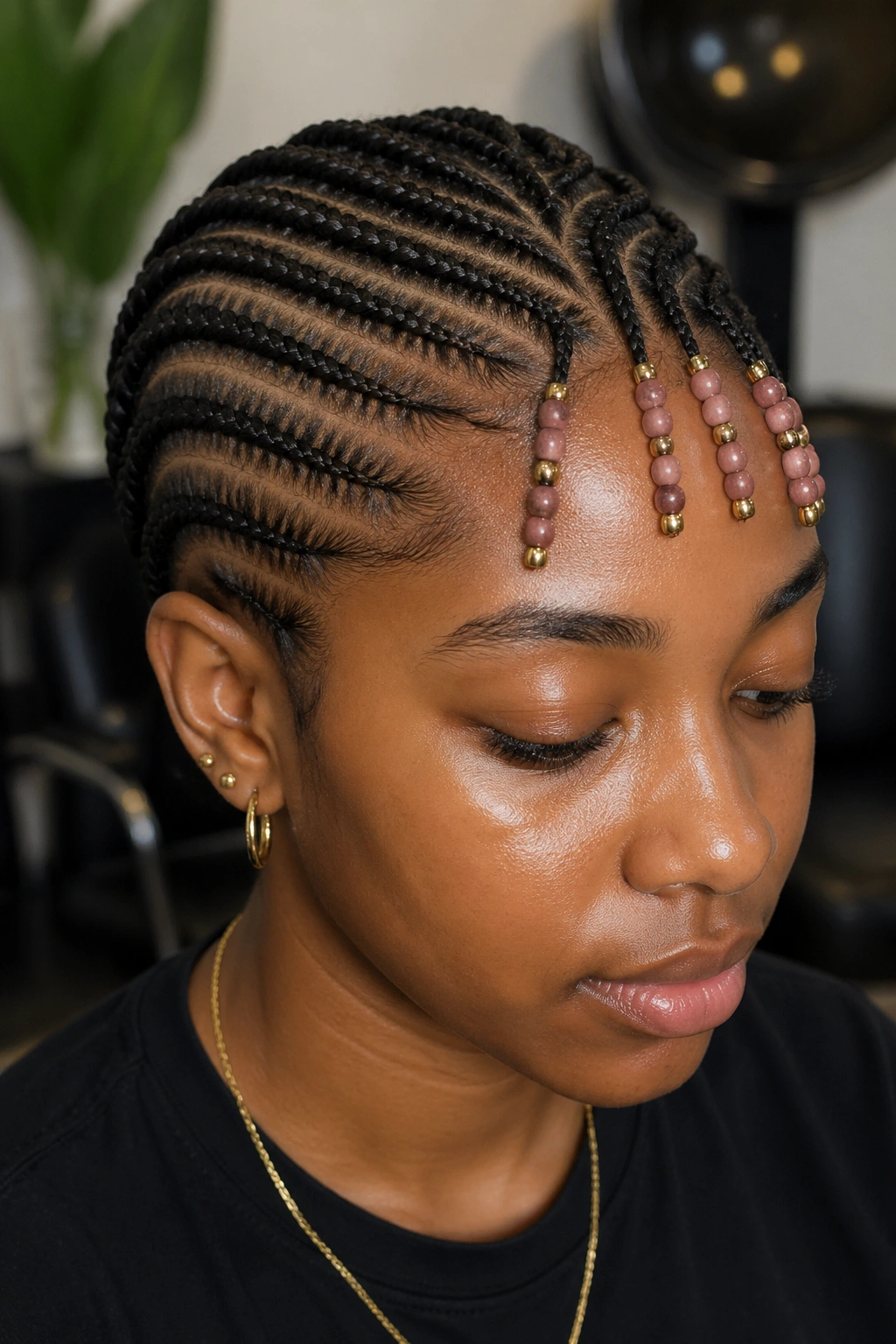 Beaded front cornrows with needle stitch on a real person