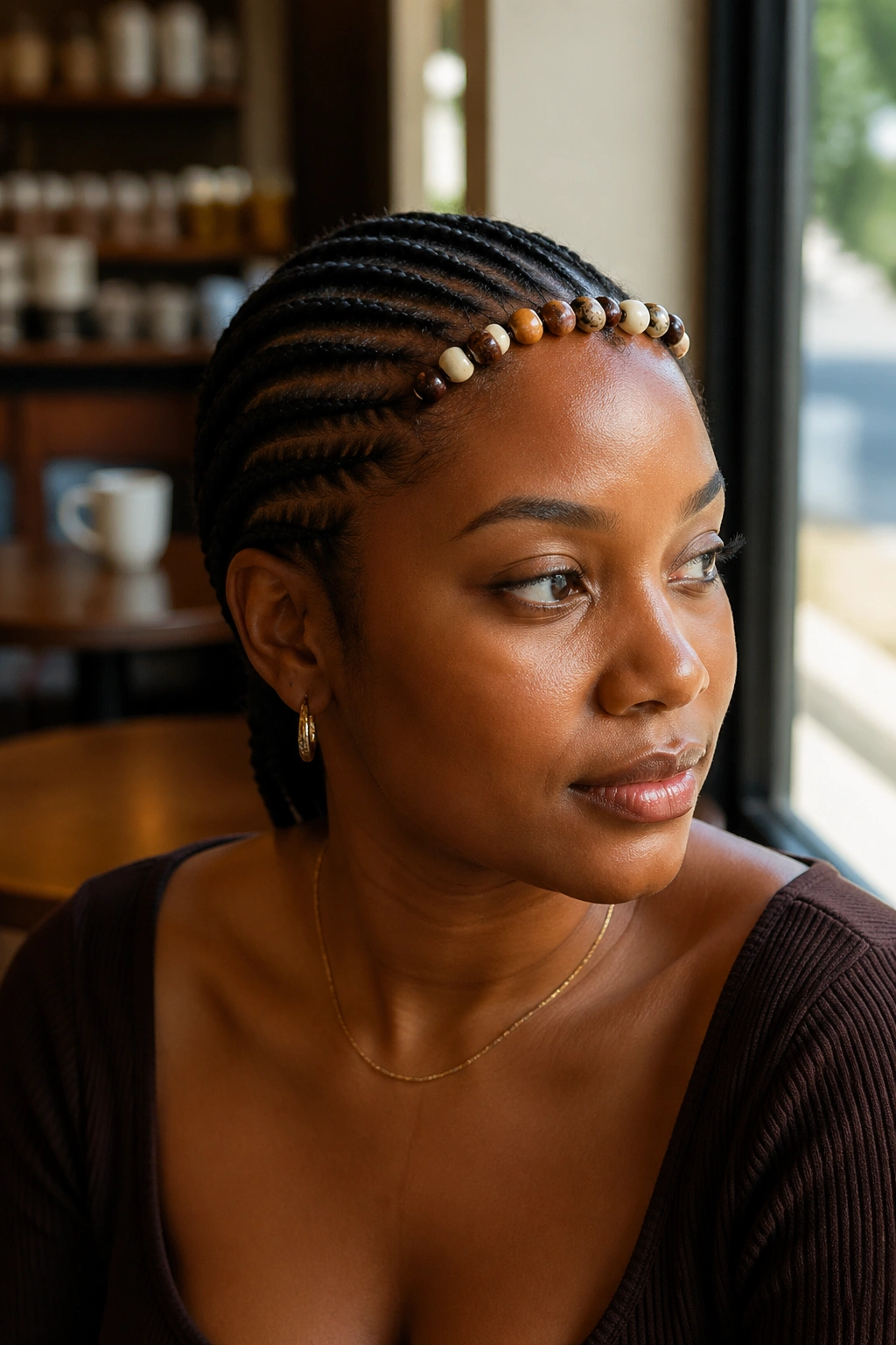 Portrait of a real woman with beads along the hairline on the front cornrows