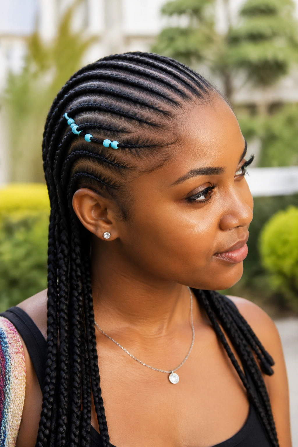 Portrait of cornrows with uniform single bright beads on each braid