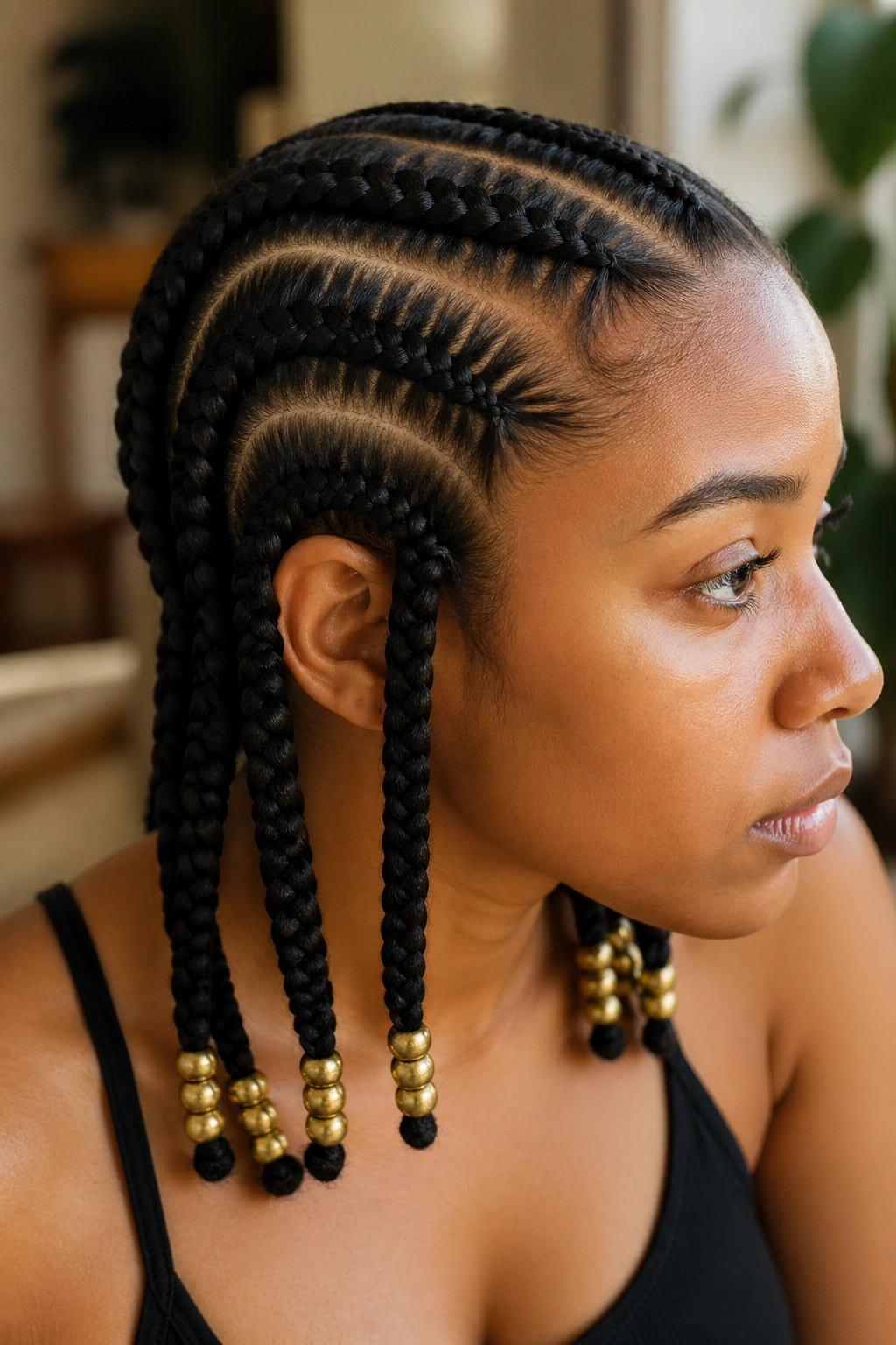 Close-up of a real person with five big cornrows ending in large beads