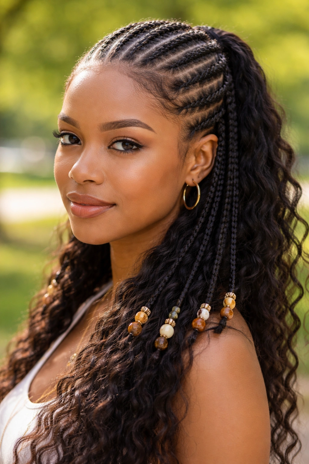 Close-up of cornrows ending with beads peeking into loose hair