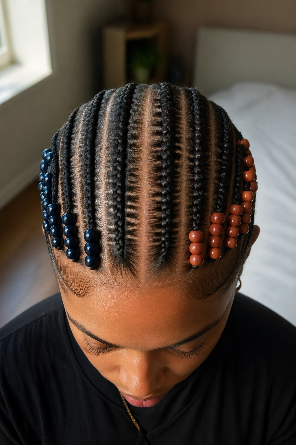 Close-up of middle-part cornrows with navy and burnt orange beads on a real person