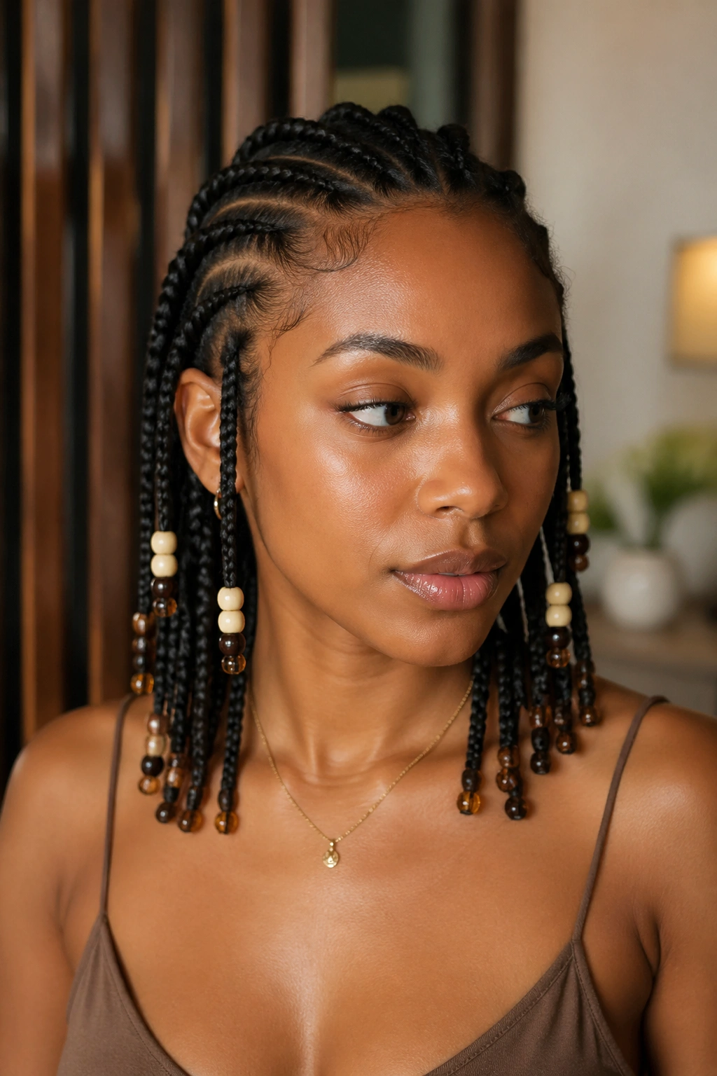 Close-up of mid-length beads along cornrows on a real person