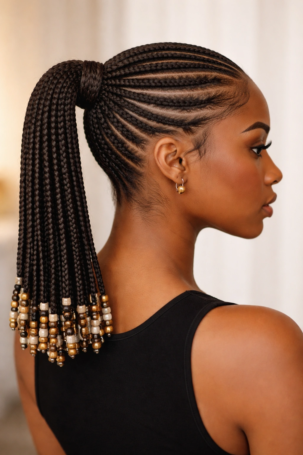 Close-up of cornrows with beaded ends at the base of a ponytail
