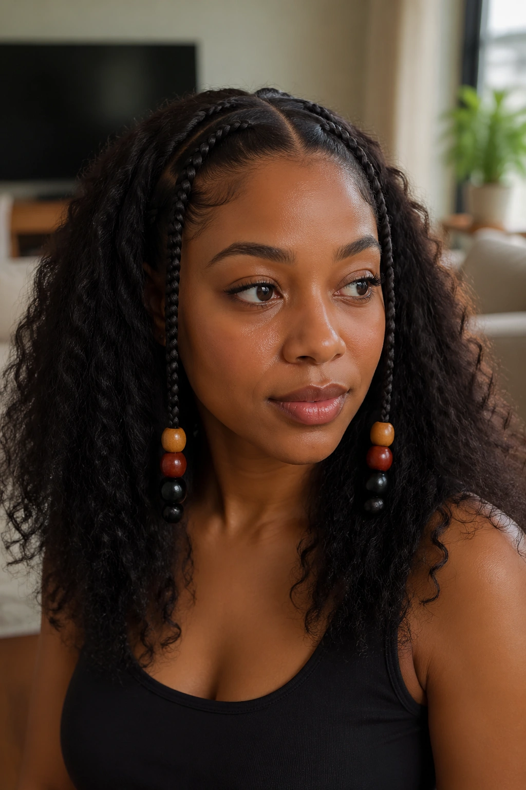 Close-up of two cornrows with oversized beaded ends on a real person, hair loose elsewhere