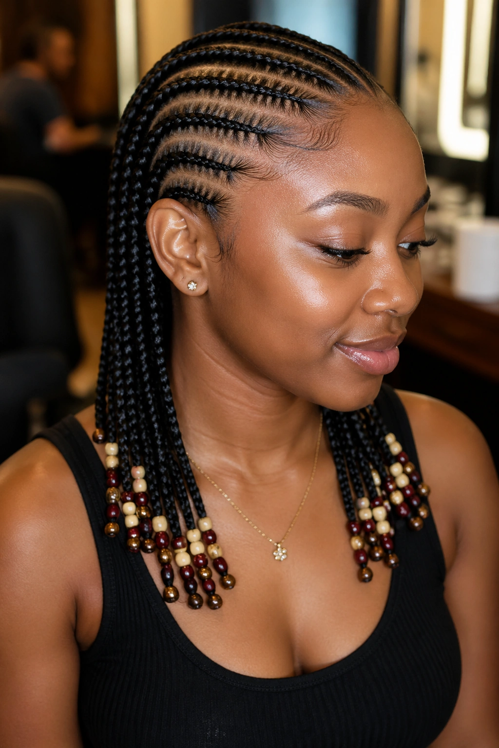 Close-up of real person with neat cornrows and end beads