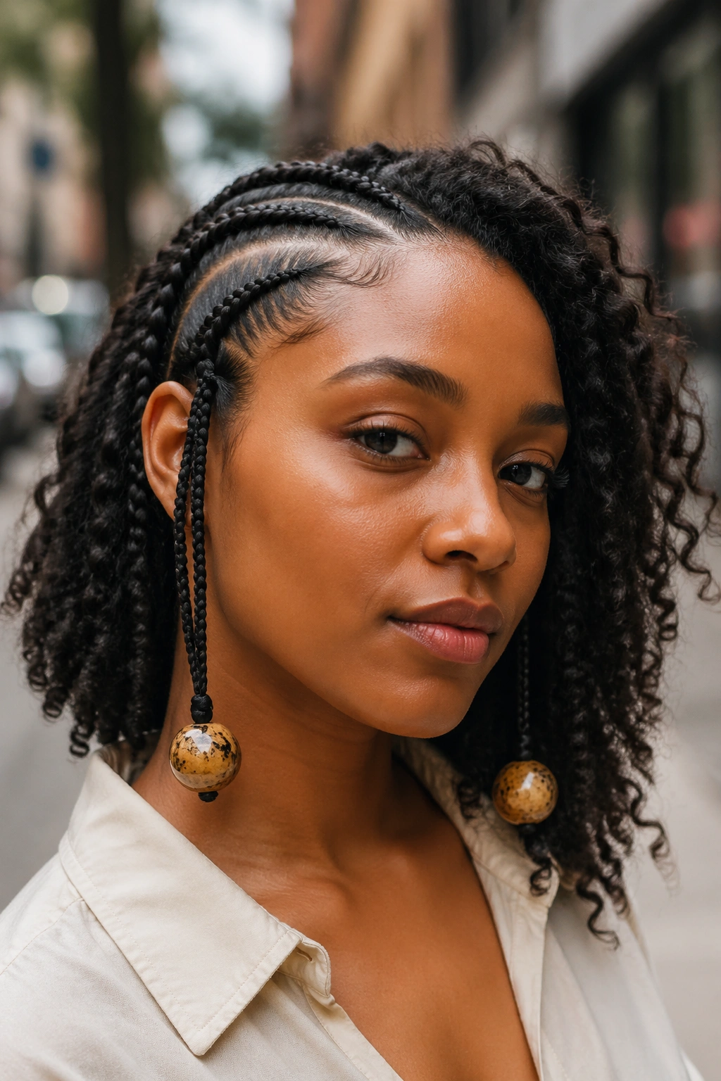 Close-up of a real person with two to three cornrows ending in large single beads