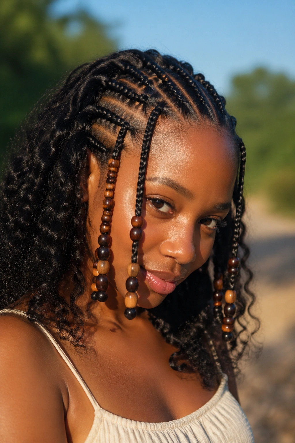 Real person with half cornrows featuring mixed bead sizes along each braid
