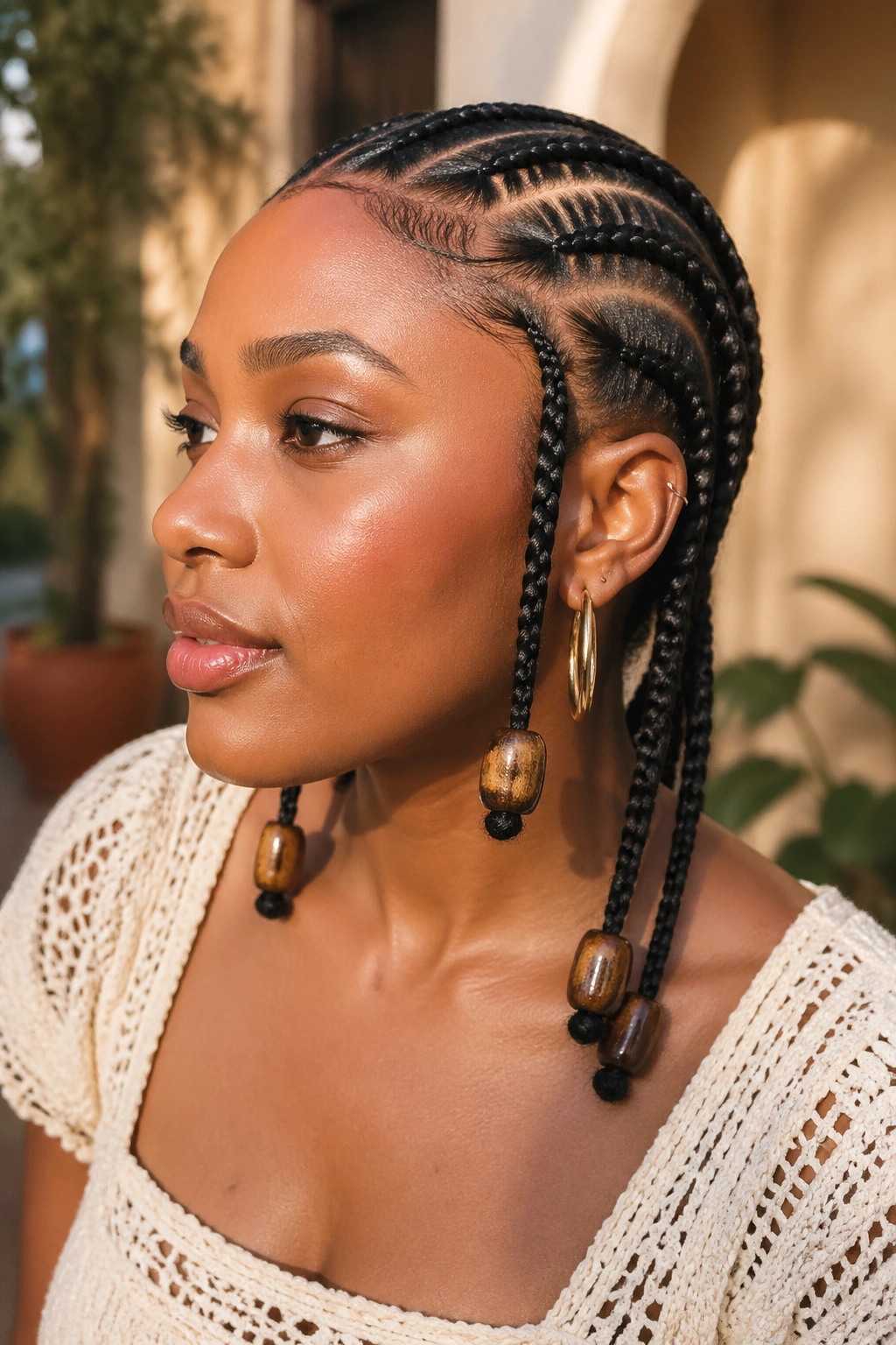 Close-up of a real woman with cornrows and large single beads on each braid