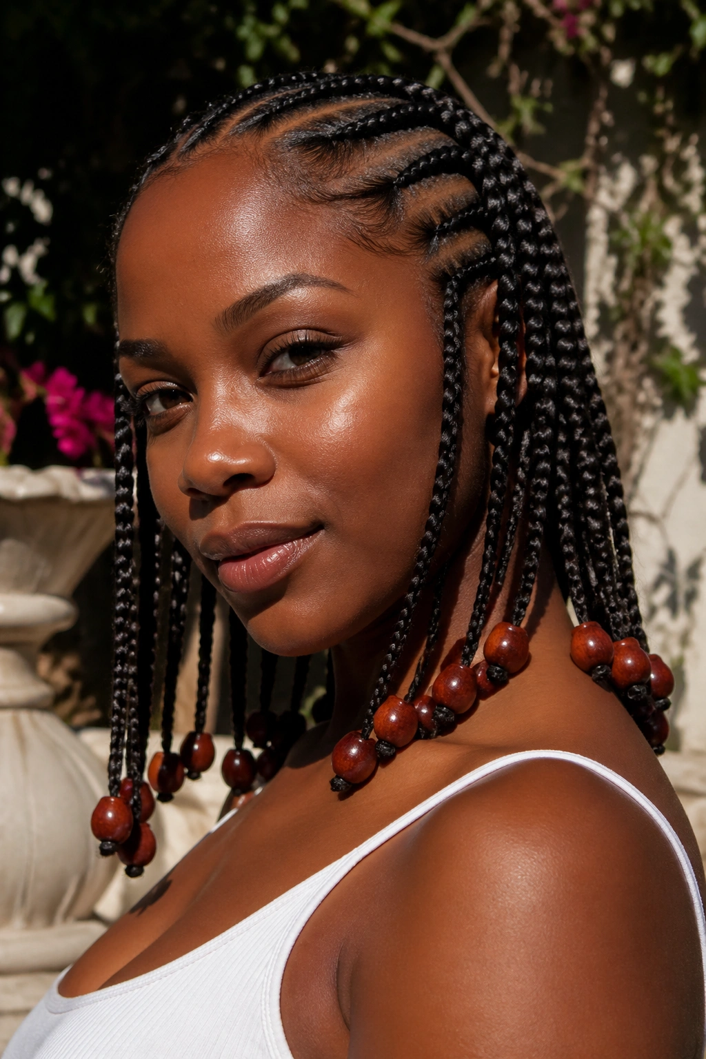 Close-up portrait with large wooden beads at the tips of each cornrow