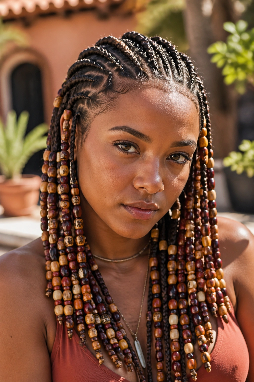 Close-up of a real woman with tribal-inspired half cornrows and layered beads