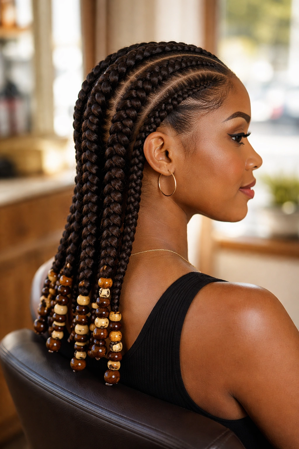Close-up of a real person with five thick cornrows ending in wooden beads at the ends, in a sunlit salon.