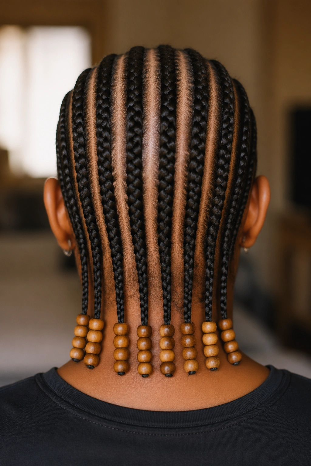 Back view of a real person with ten straight-back cornrows ending in wooden beads