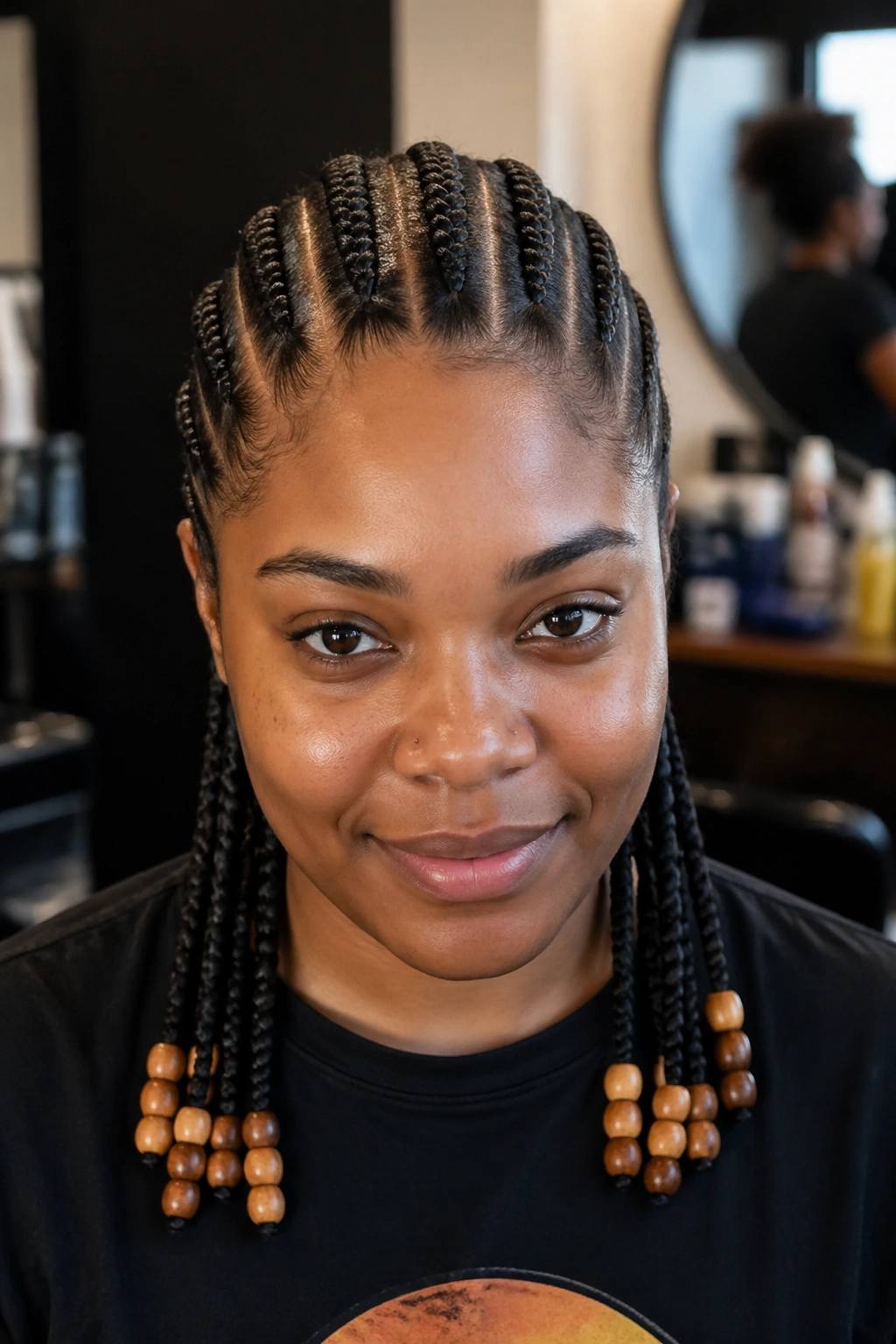 Close-up of a real person with six big cornrows ending in wooden beads.