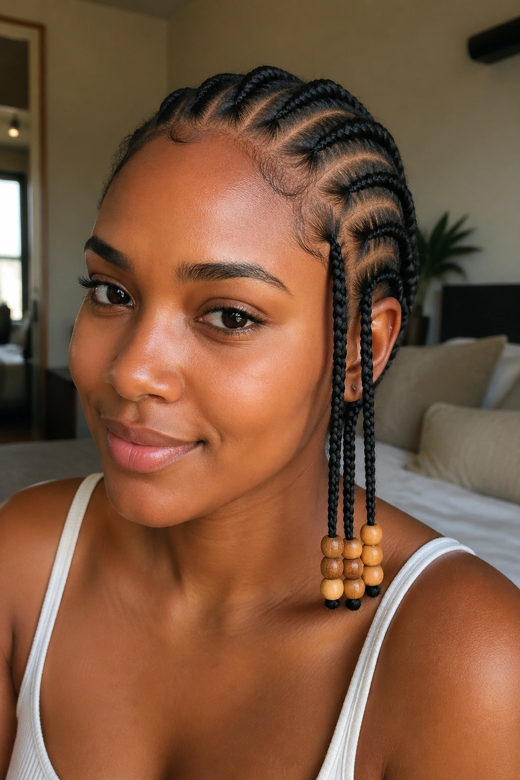 Close-up of a real woman's cornrows with three wooden beads at the ends