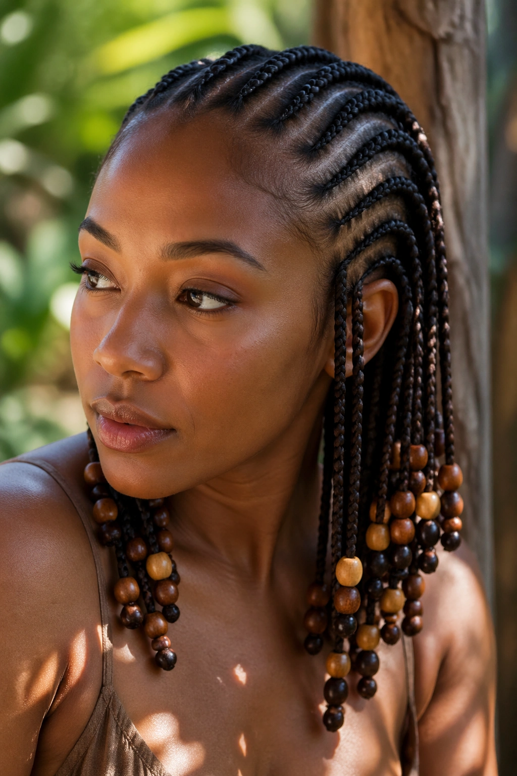 Close-up of a real woman with bohemian cornrows and mixed wooden beads