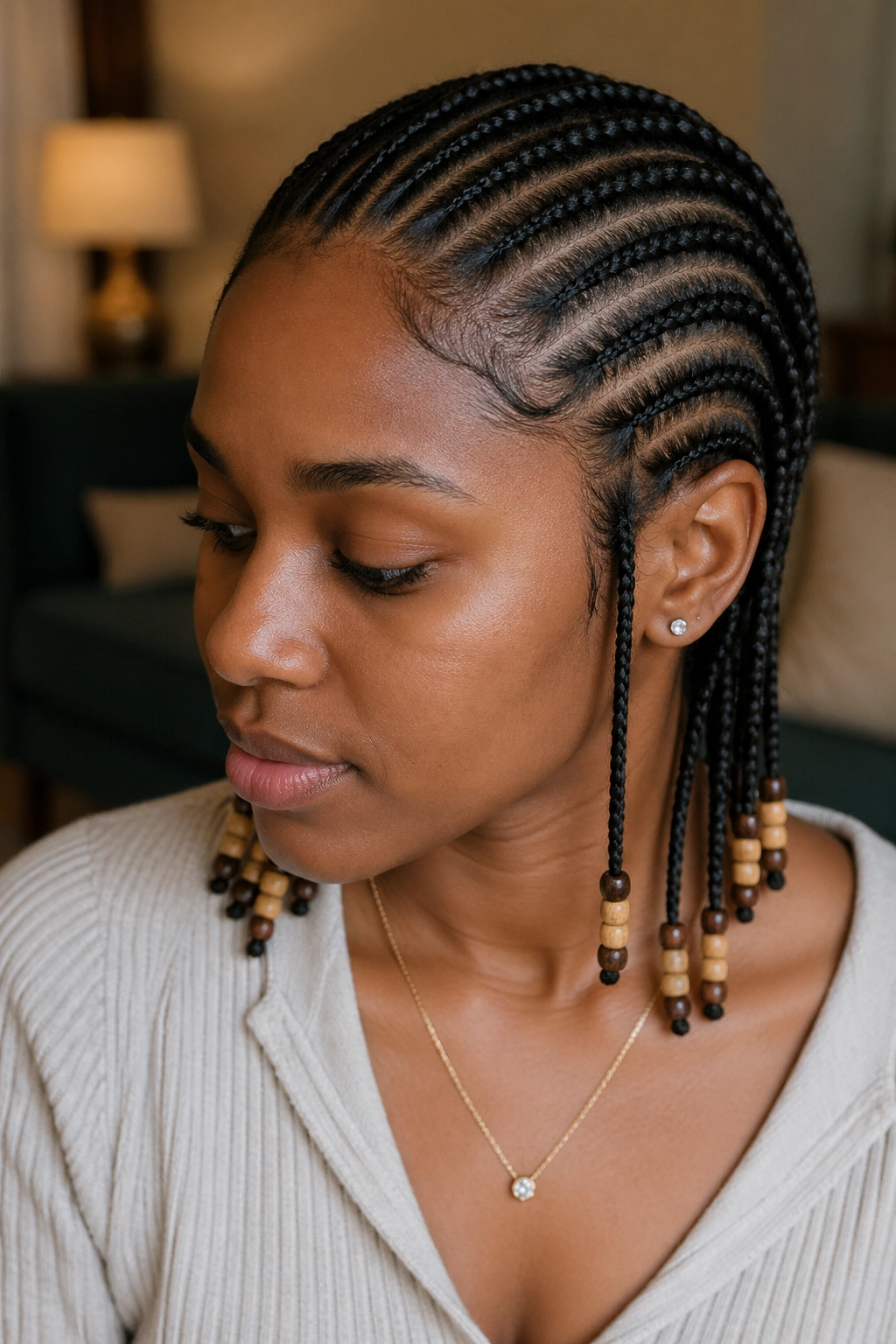 Cornrows with small wooden beads at braid ends