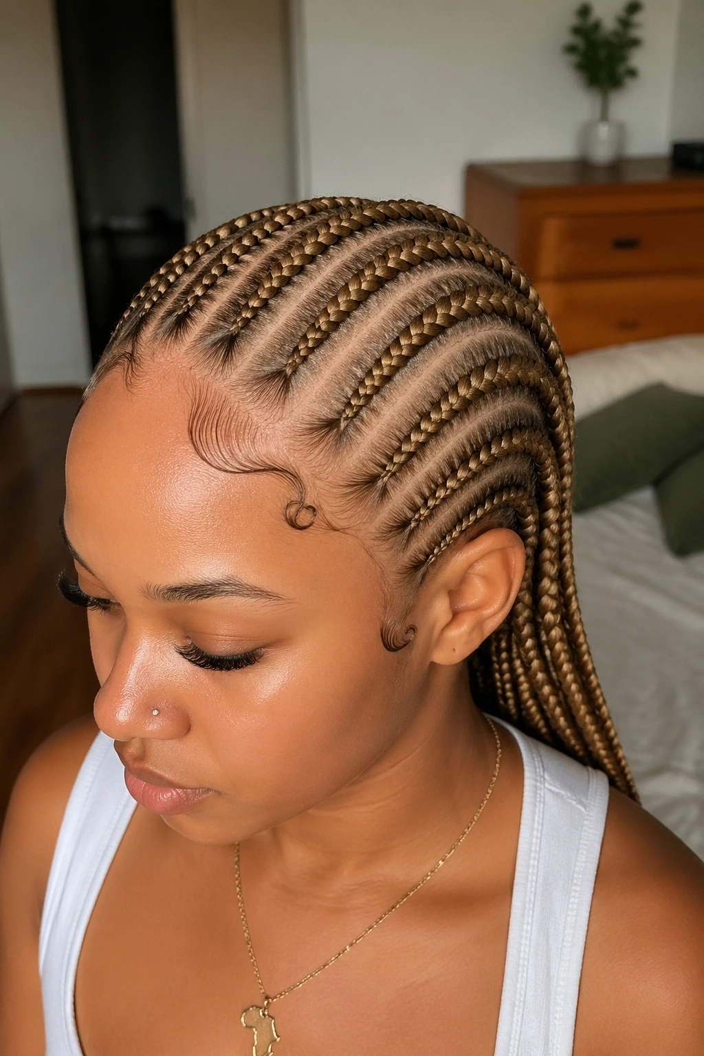 Close-up of a real woman with straight-back honey blonde feed-in cornrows from scalp to nape