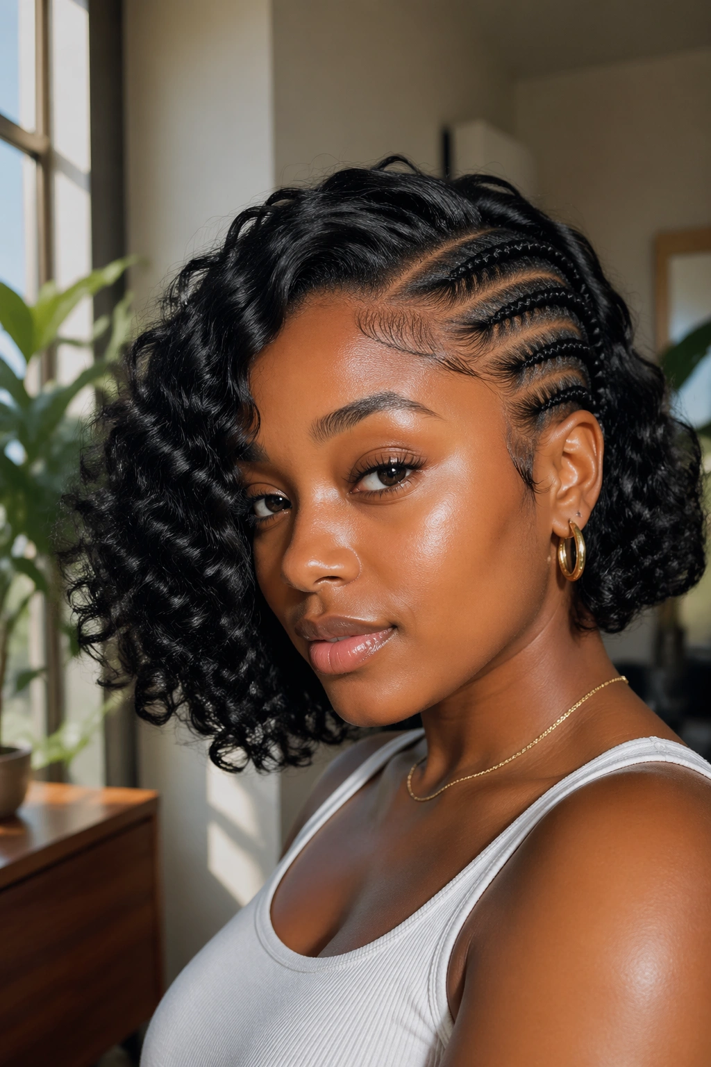 Close-up portrait of a real woman with braided side and bouncy curls on the other side