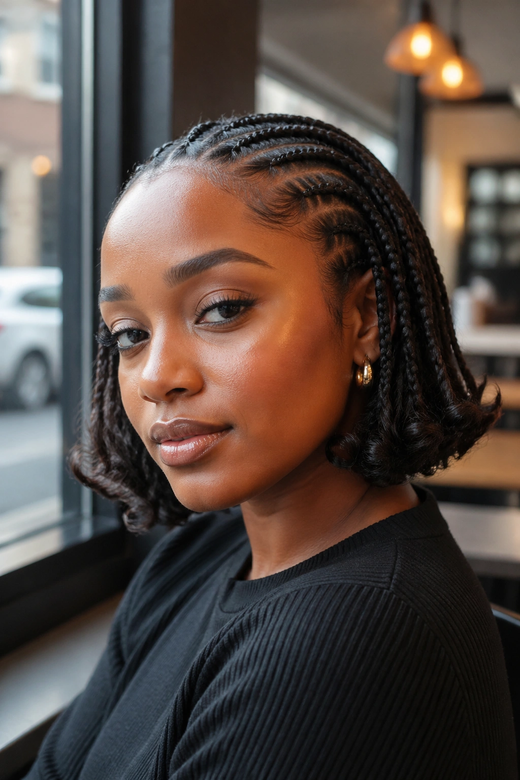 Portrait of a real woman with bob-length cornrows and flipped-out curls.