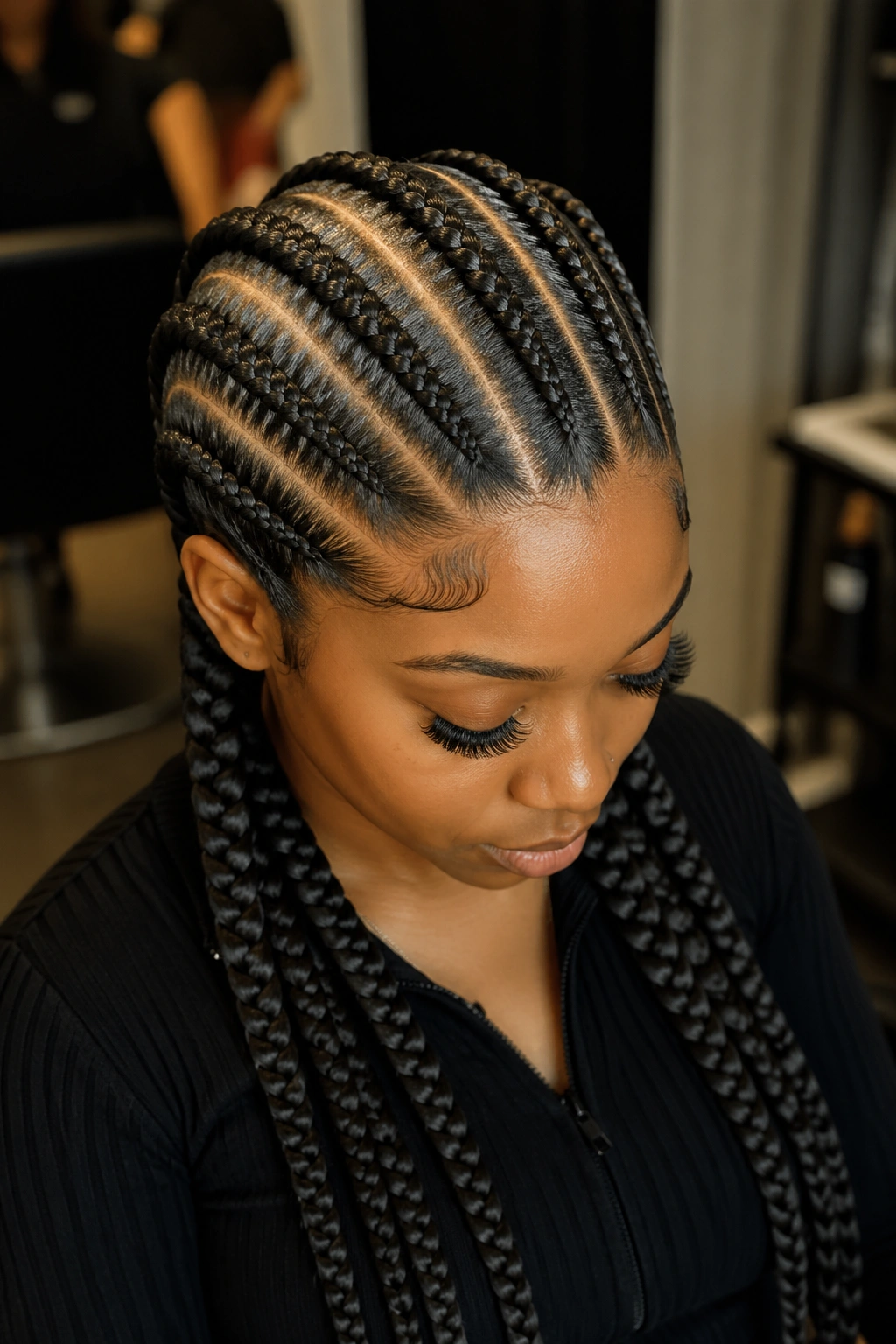 Close-up portrait of six thick straight-back cornrows on a real person in a salon.