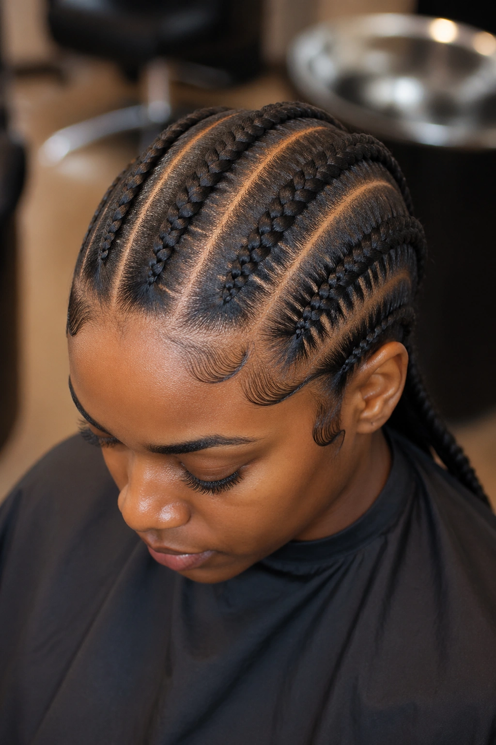 Close-up of a real woman with four thick straight-back cornrows