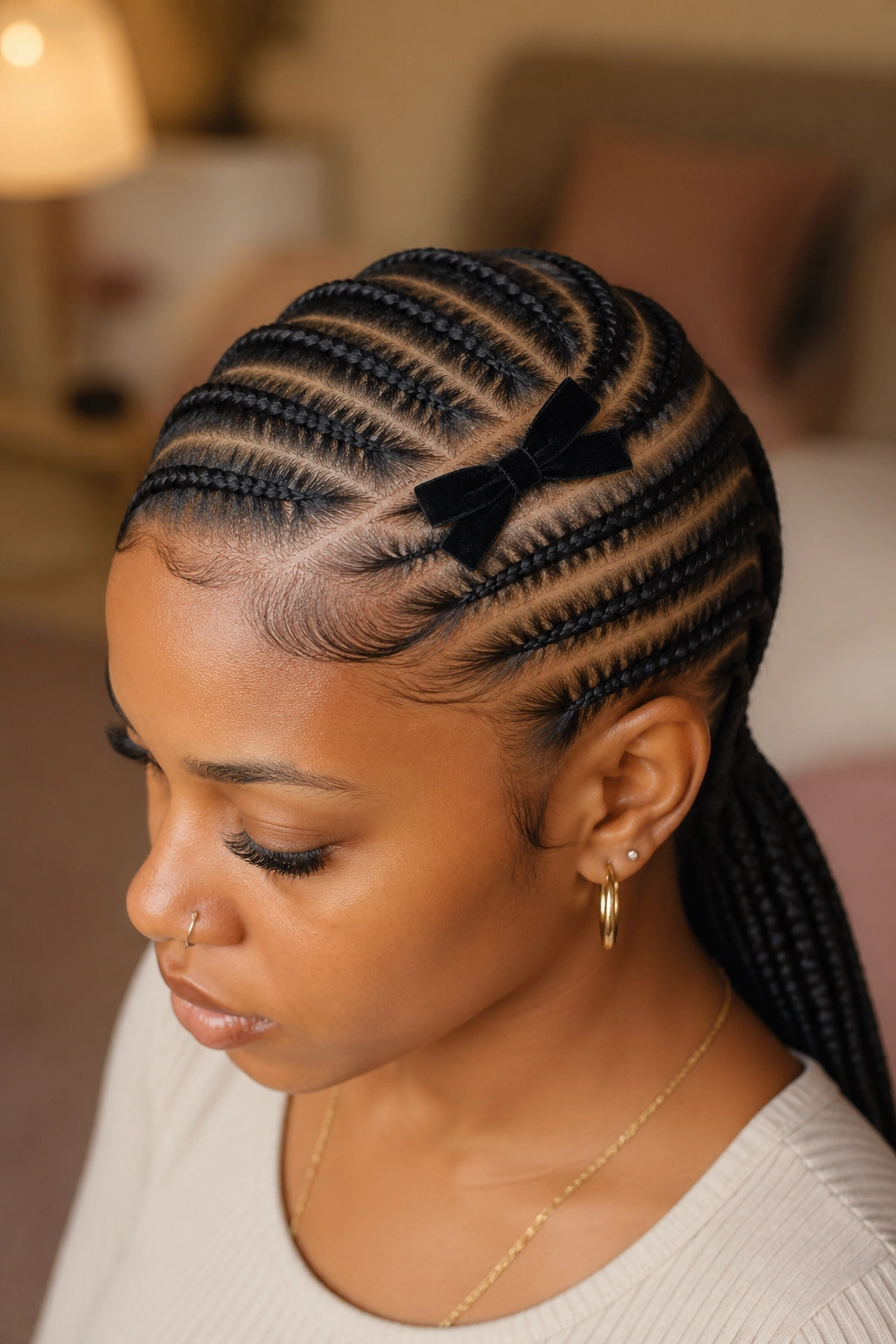 Close-up of cornrows with a small velvet bow at the part on top