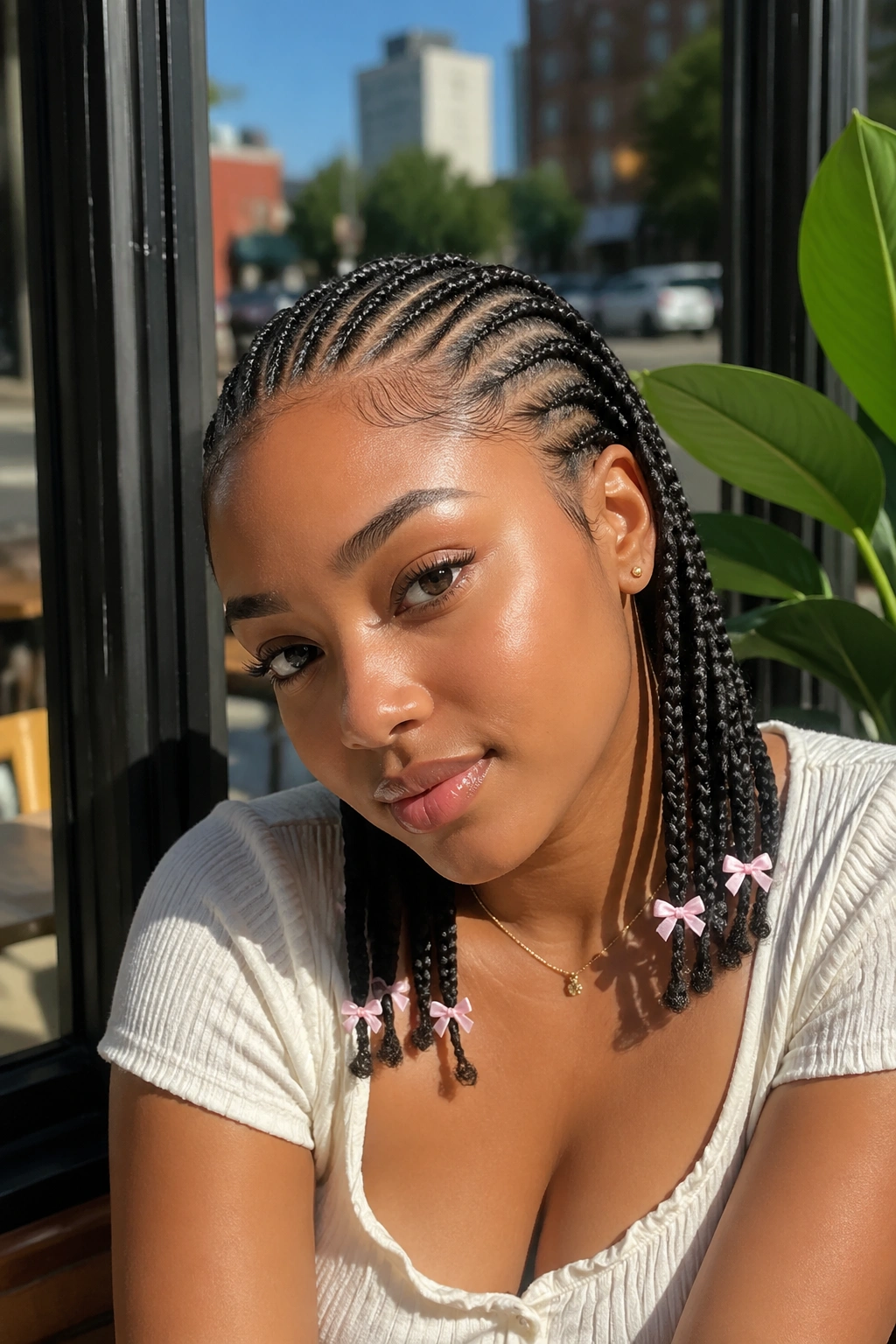 Close-up of a real woman with cornrows featuring tiny bow accents at braid ends under sunlight