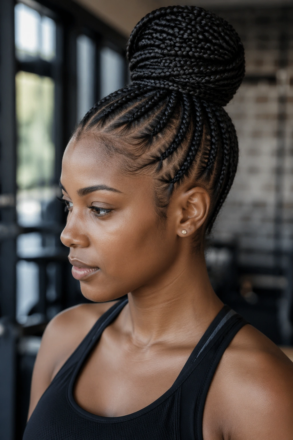 Portrait of a real woman with cornrows and a tall bun