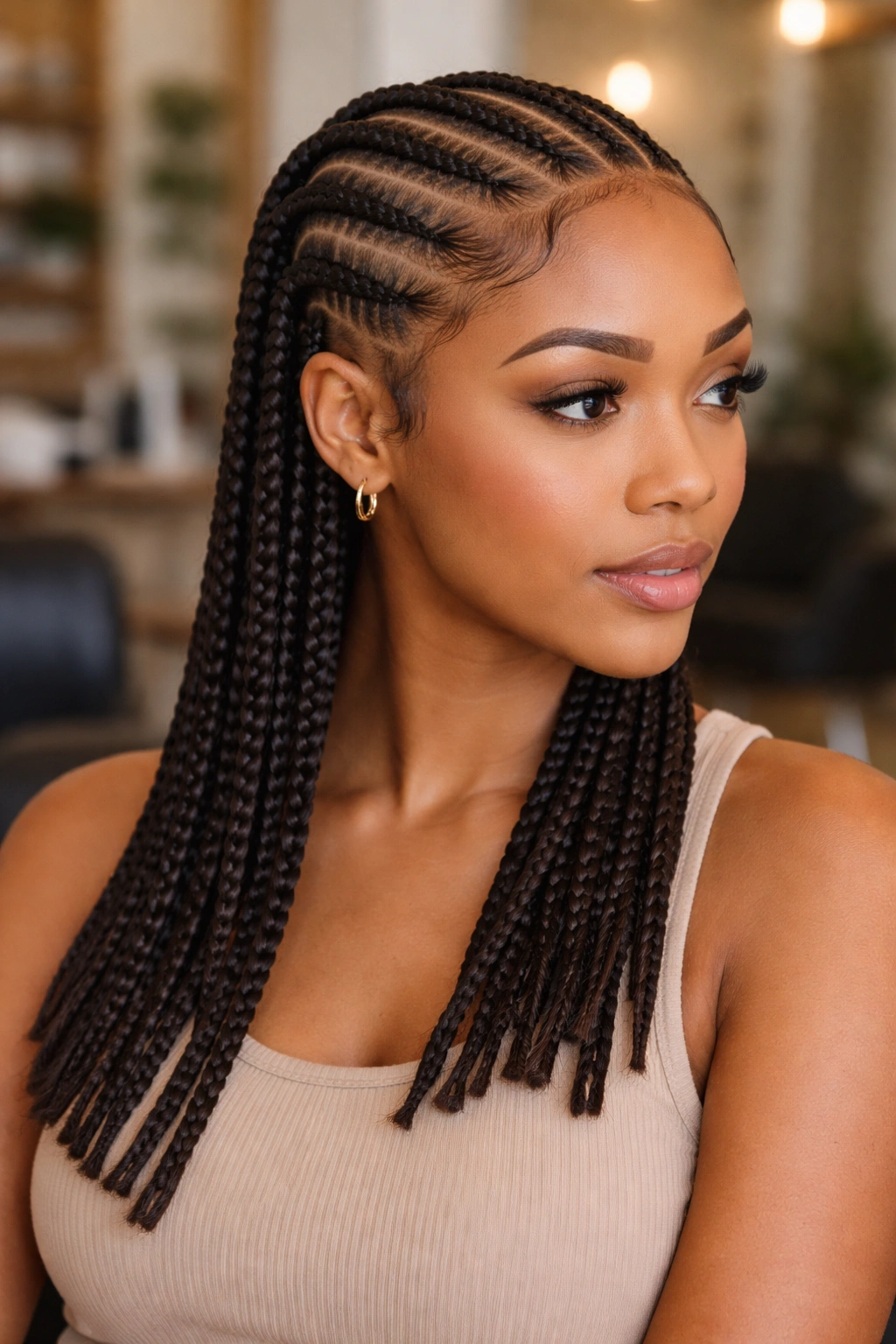 Portrait of a person with straight-back cornrows transitioning to mid-length box braids.