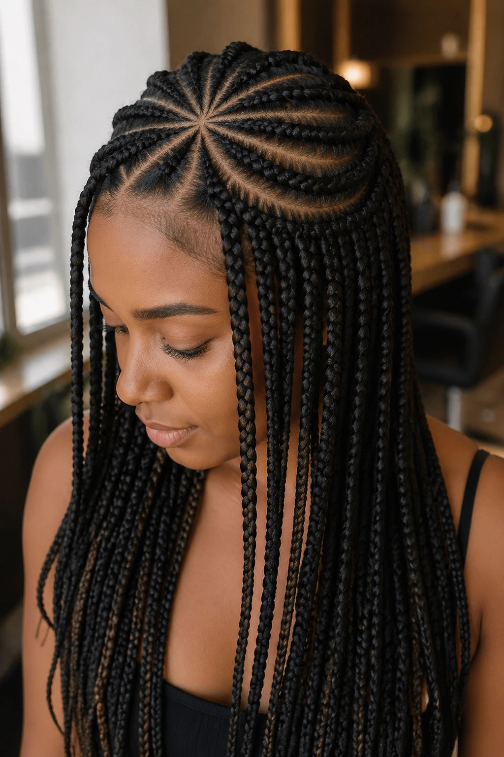Close-up of a real person with a crown of cornrows and long box braids haloing above a curtain of braids in a salon setting.