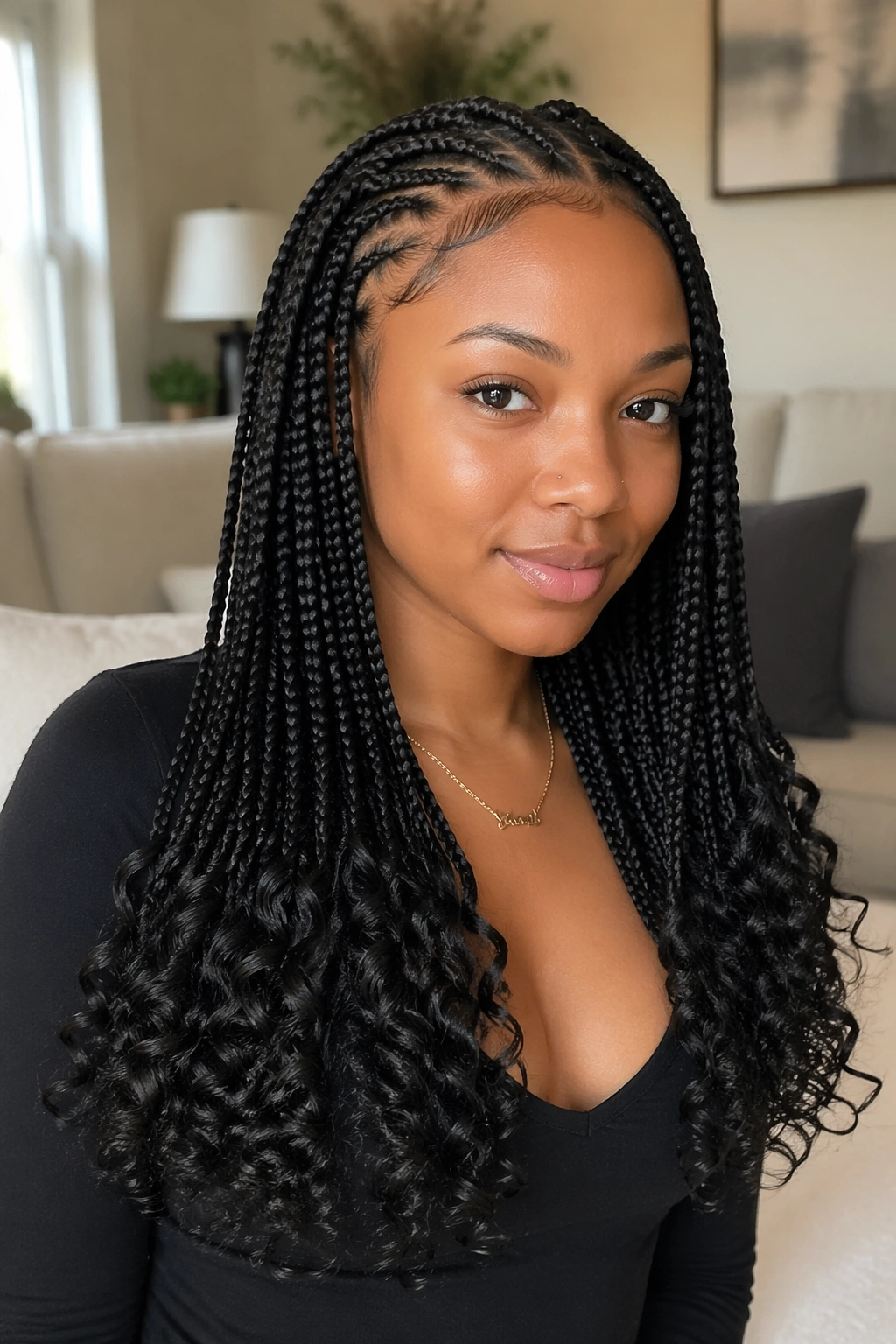 Close-up of cornrows transitioning to box braids with curled ends