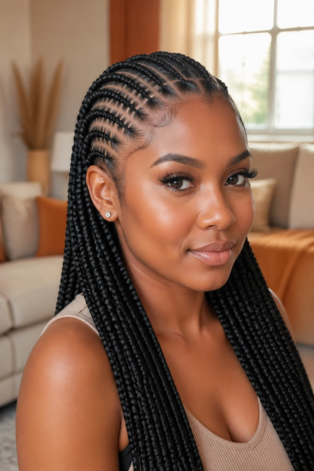 Portrait of a real woman with front cornrows and back box braids.