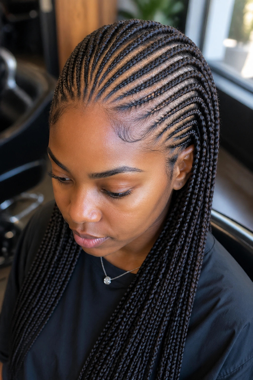 Close-up of a real person with a full head of cornrows transitioning to box braids