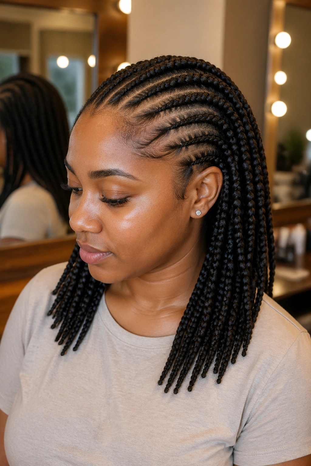 Person with small cornrows and medium box braids in salon setting.