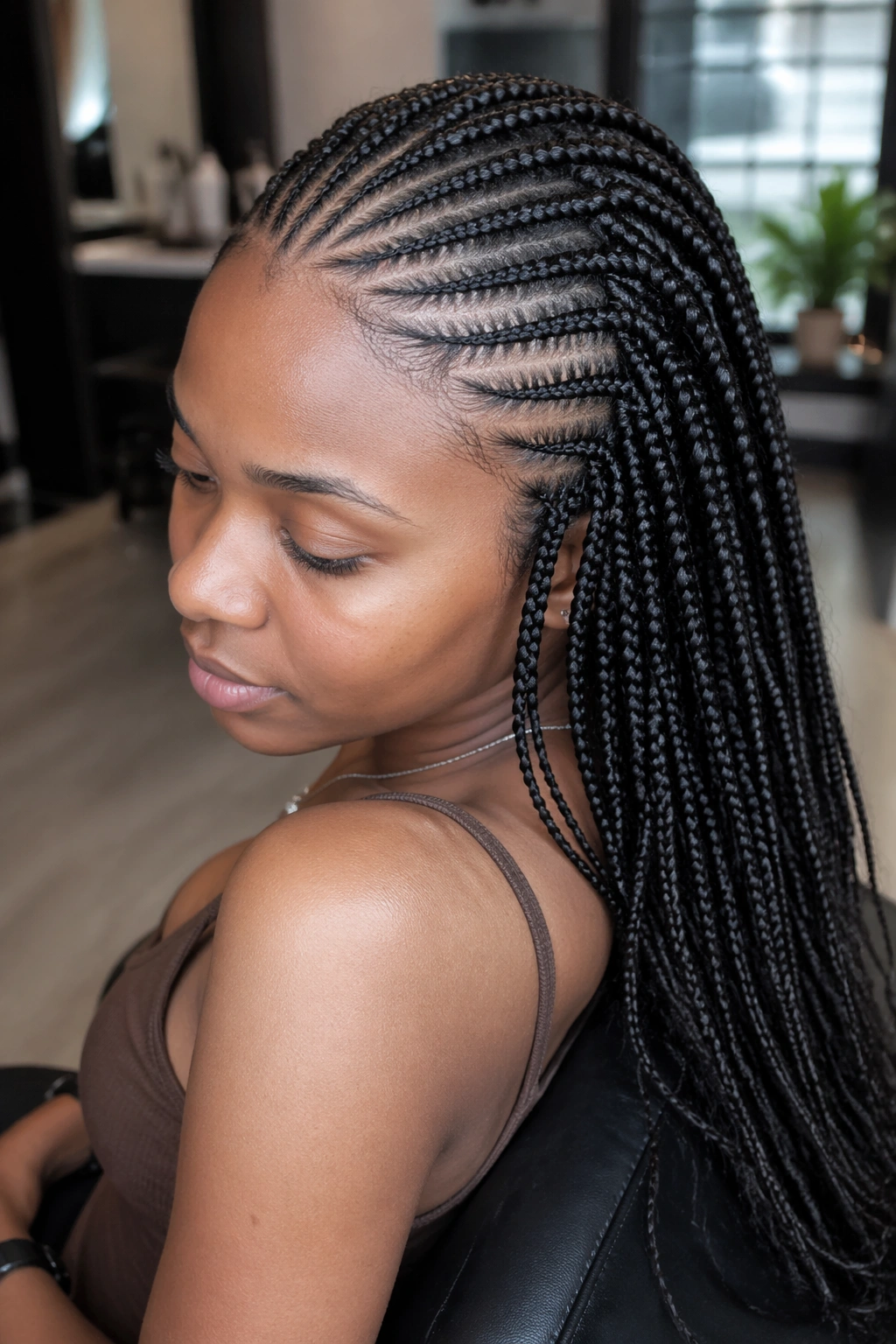 Close up of a real person with cornrows transitioning into loose box braids at the crown