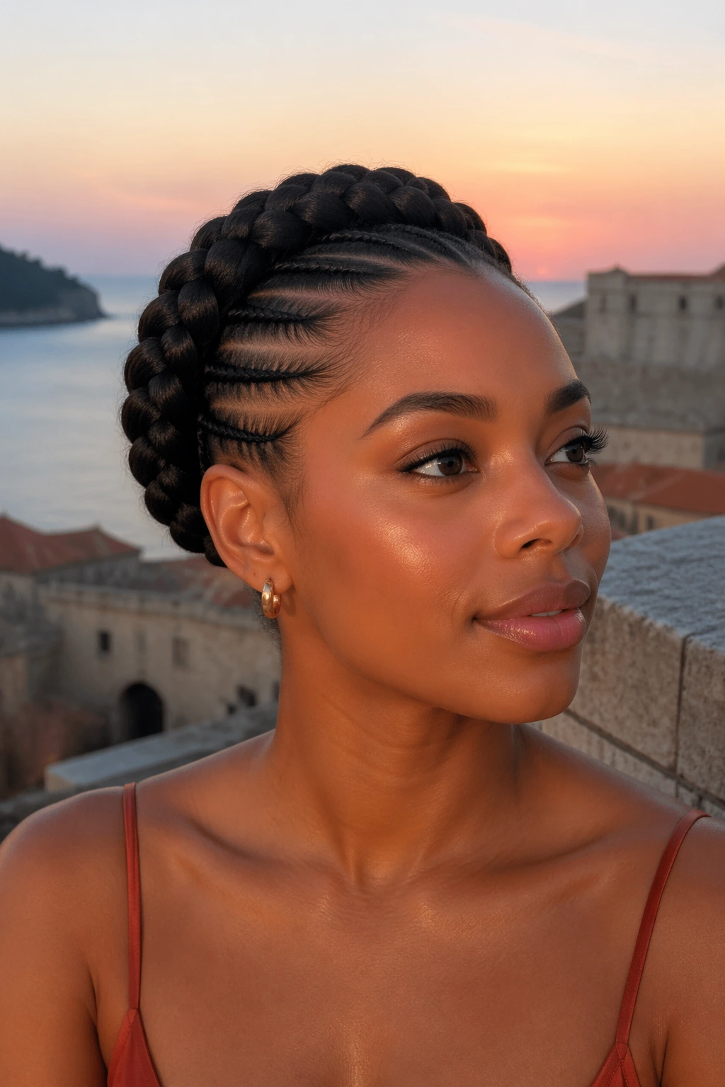 Close-up of a real woman with a braided crown cornrow halo at sunset