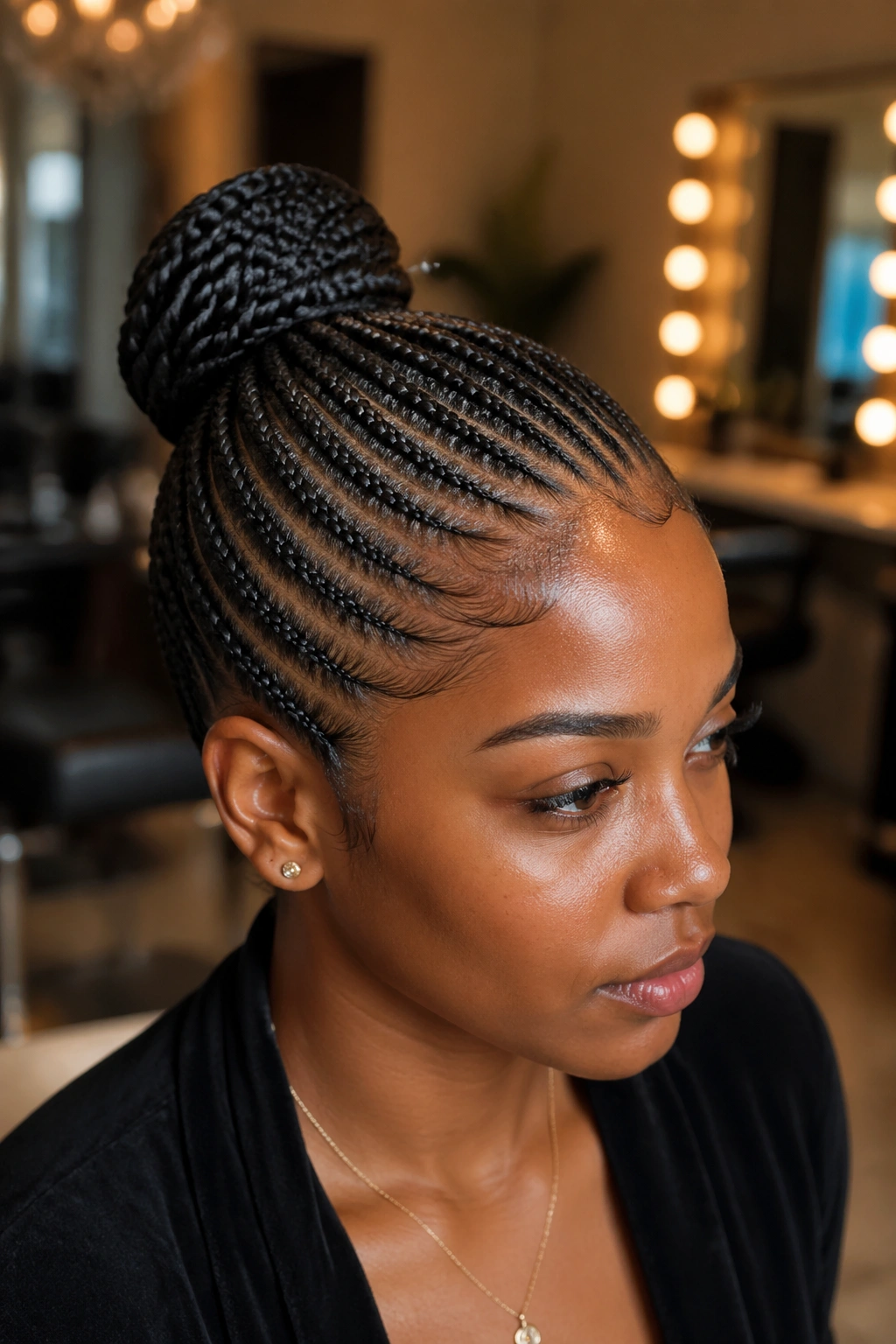 Portrait of a person with small cornrows formed into a bun at the crown.