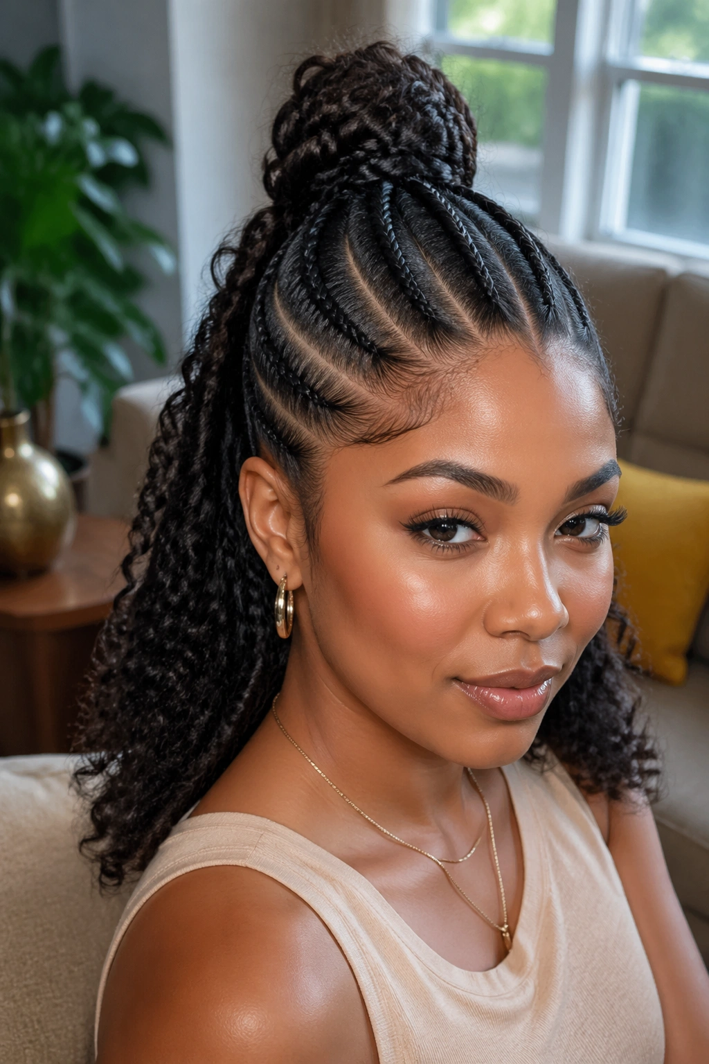 Close-up portrait of a real woman with four cornrows leading to a bun and loose curls