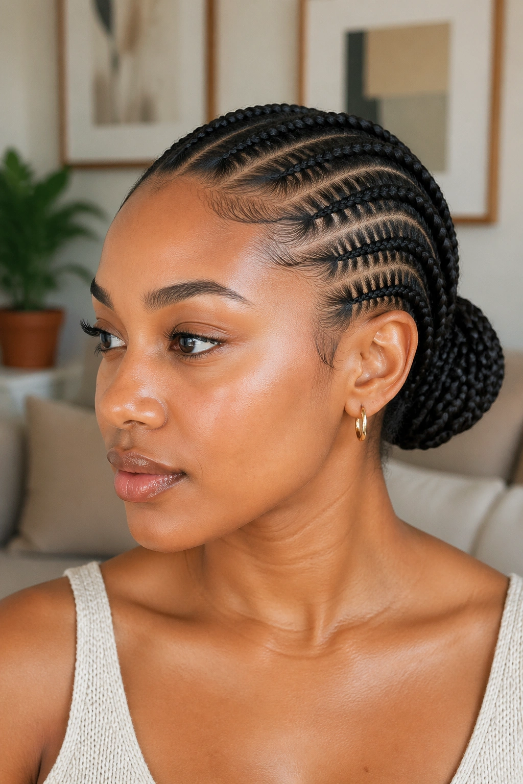 Close-up of a person with cornrows that transition into a bun.