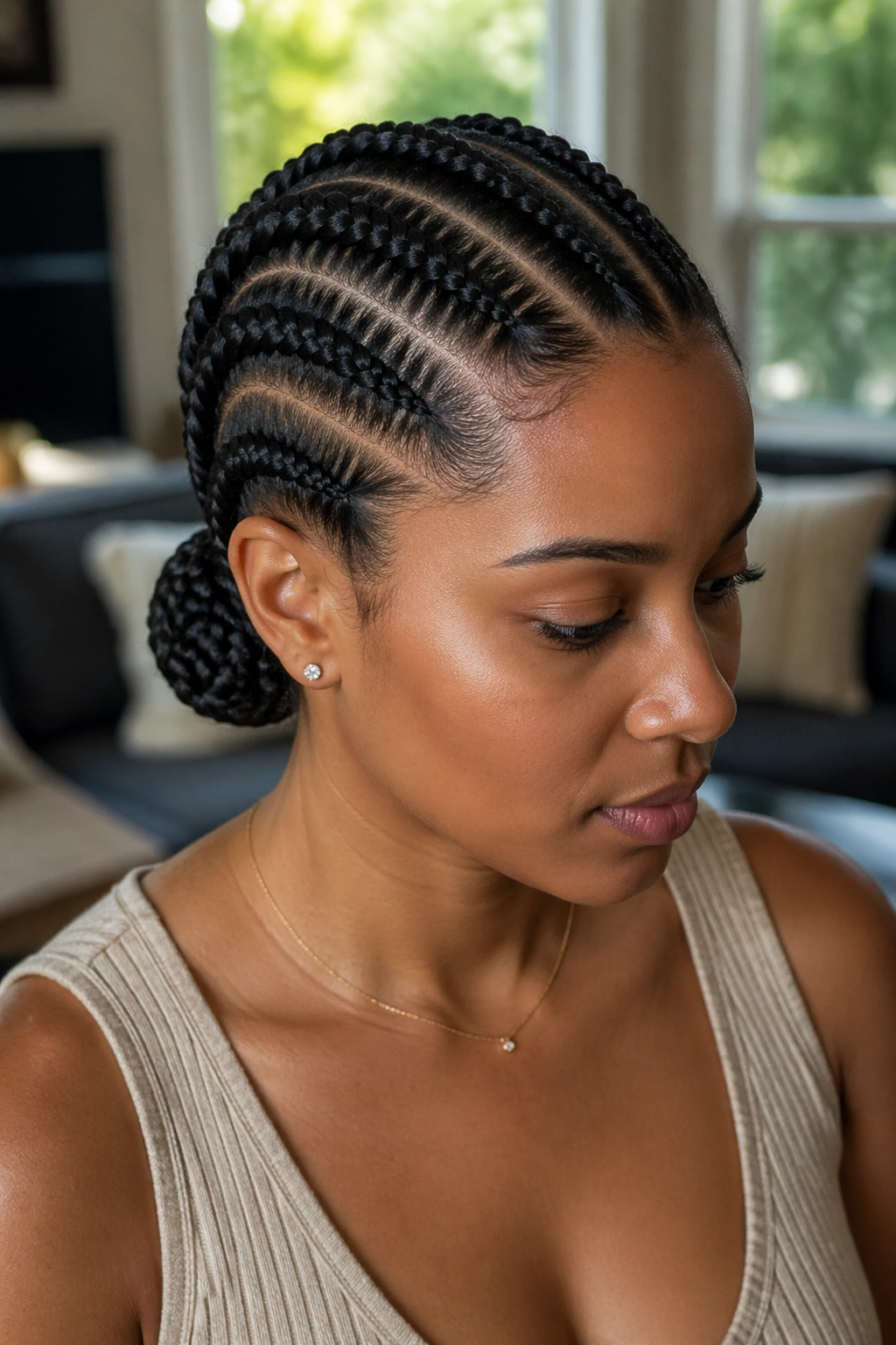 Close-up of a woman with five straight-back cornrows forming a low bun at the nape